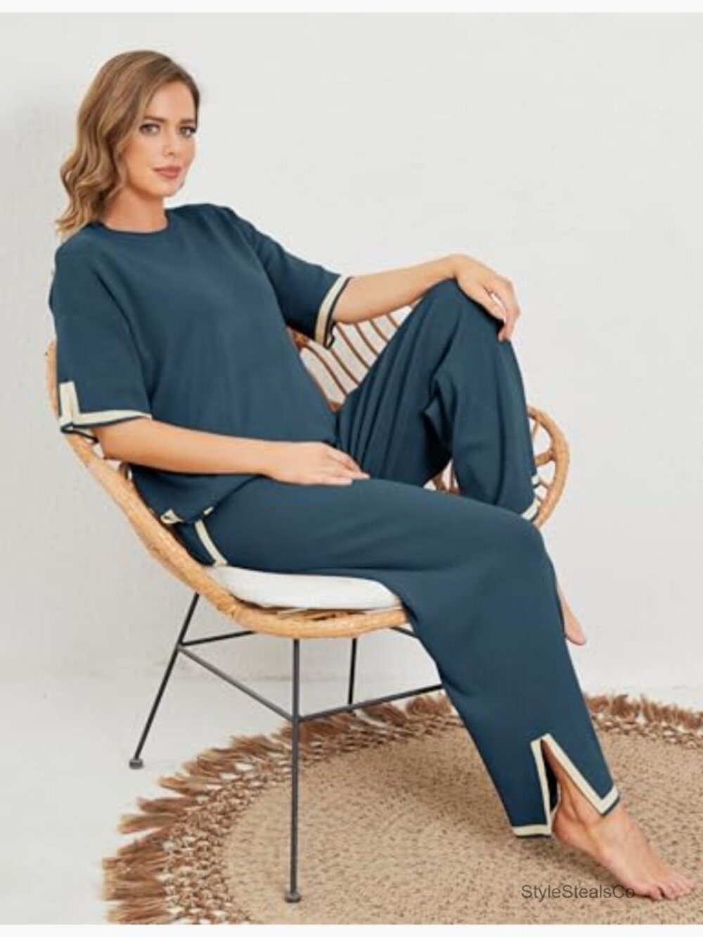 2 Piece Lounge Set Short Sleeve Knit Pullover Top & Wide Leg Pants - Picture 6 of 7
